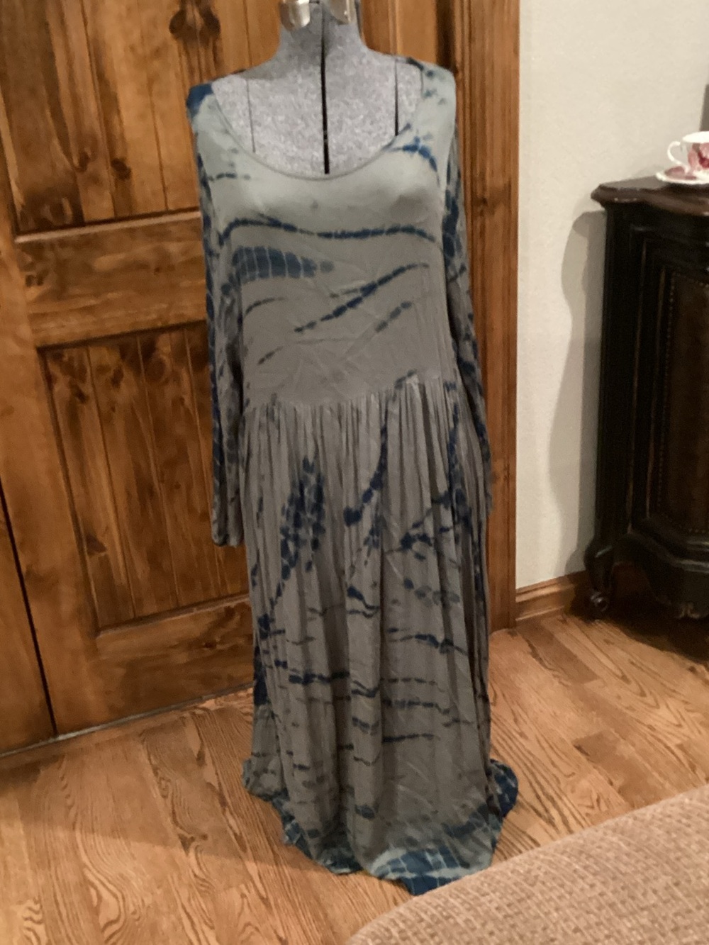 Bohemian Tie-Dye Maxi Dress in Sage and Navy